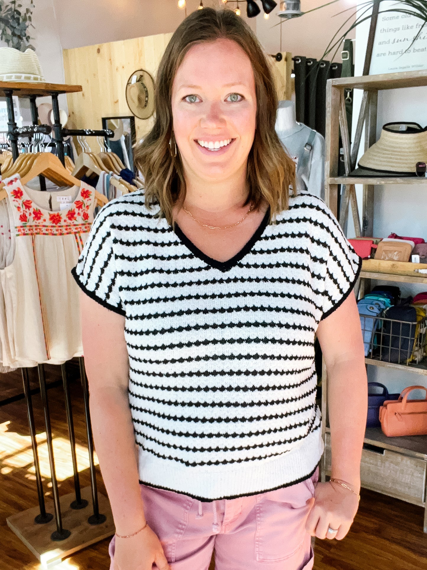 White W/Black Stripe Short Sleeve Sweater