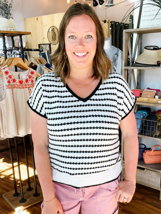 White W/Black Stripe Short Sleeve Sweater