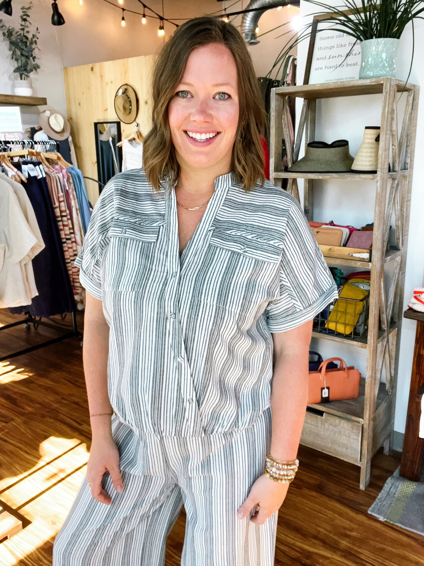 Gray & White Stripe Mock-Wrap Top