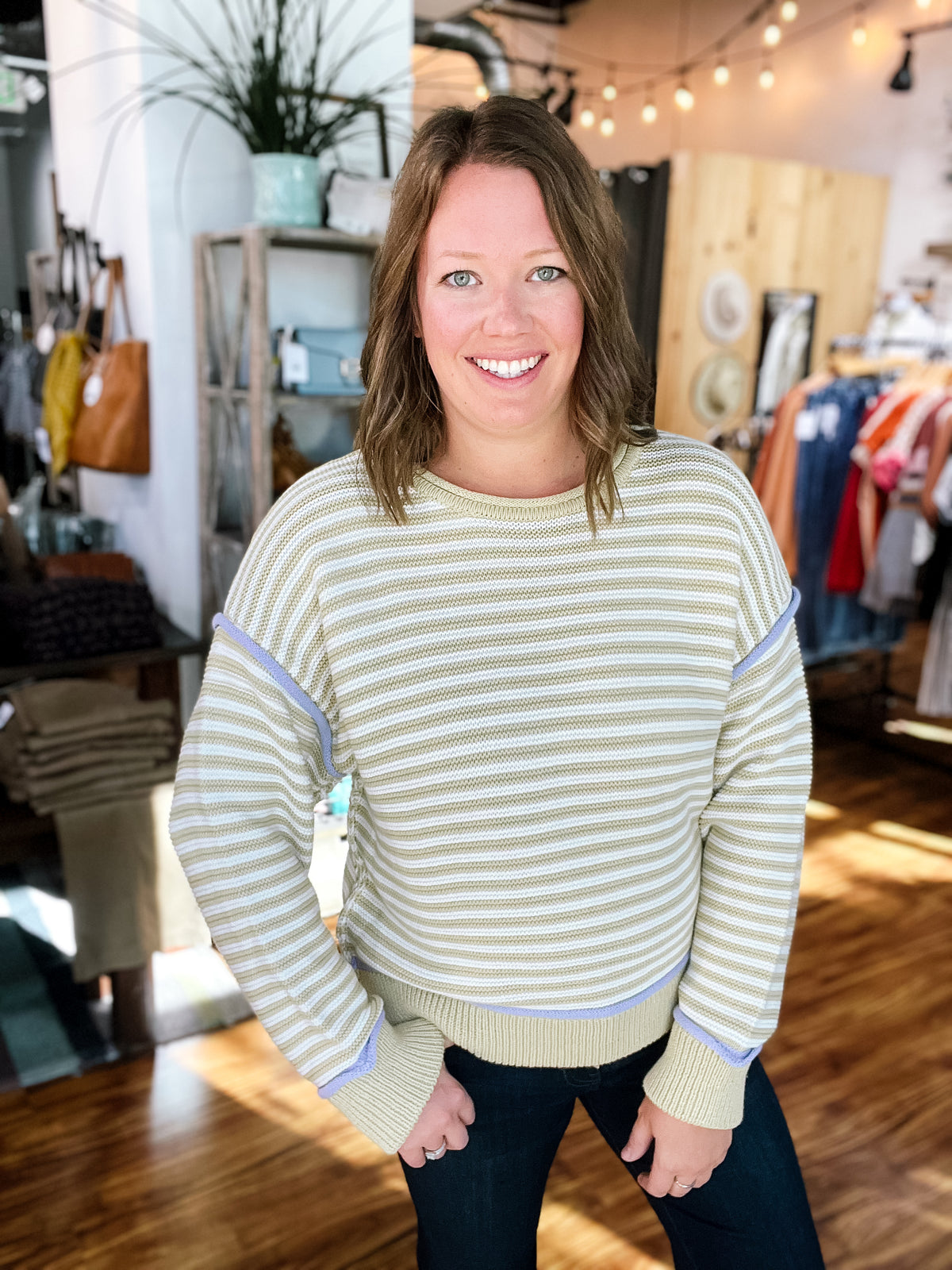 Beige W/White Stripe Sweater