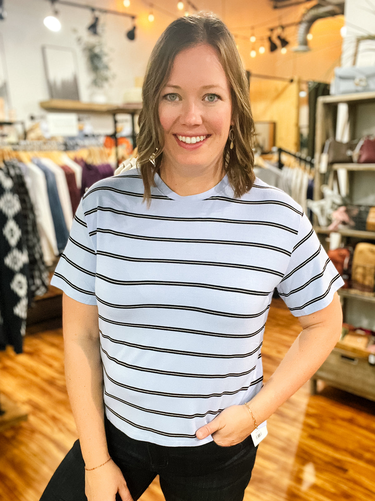 Sky Blue Striped Short Sleeve Top