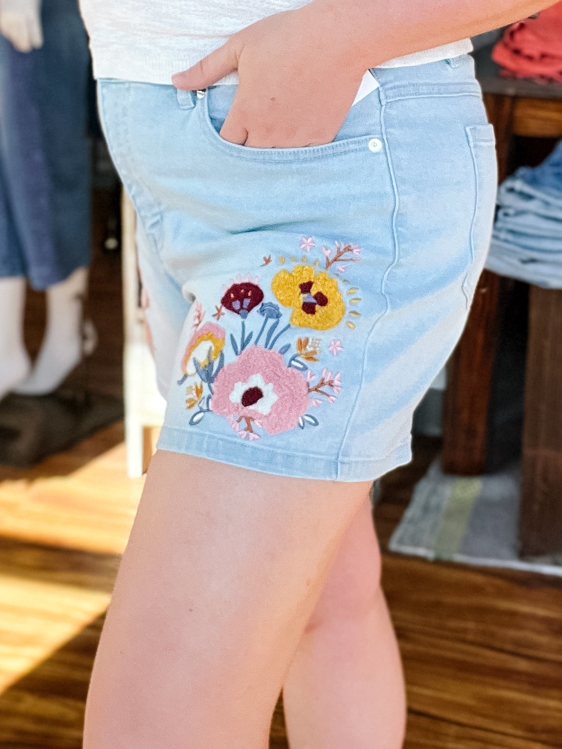 Denim Embroidered Front Short