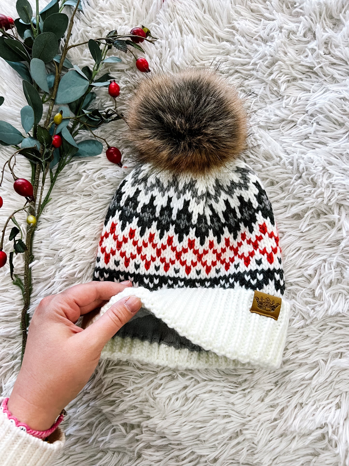 Ivory W/Gray & Red Pom Beanie