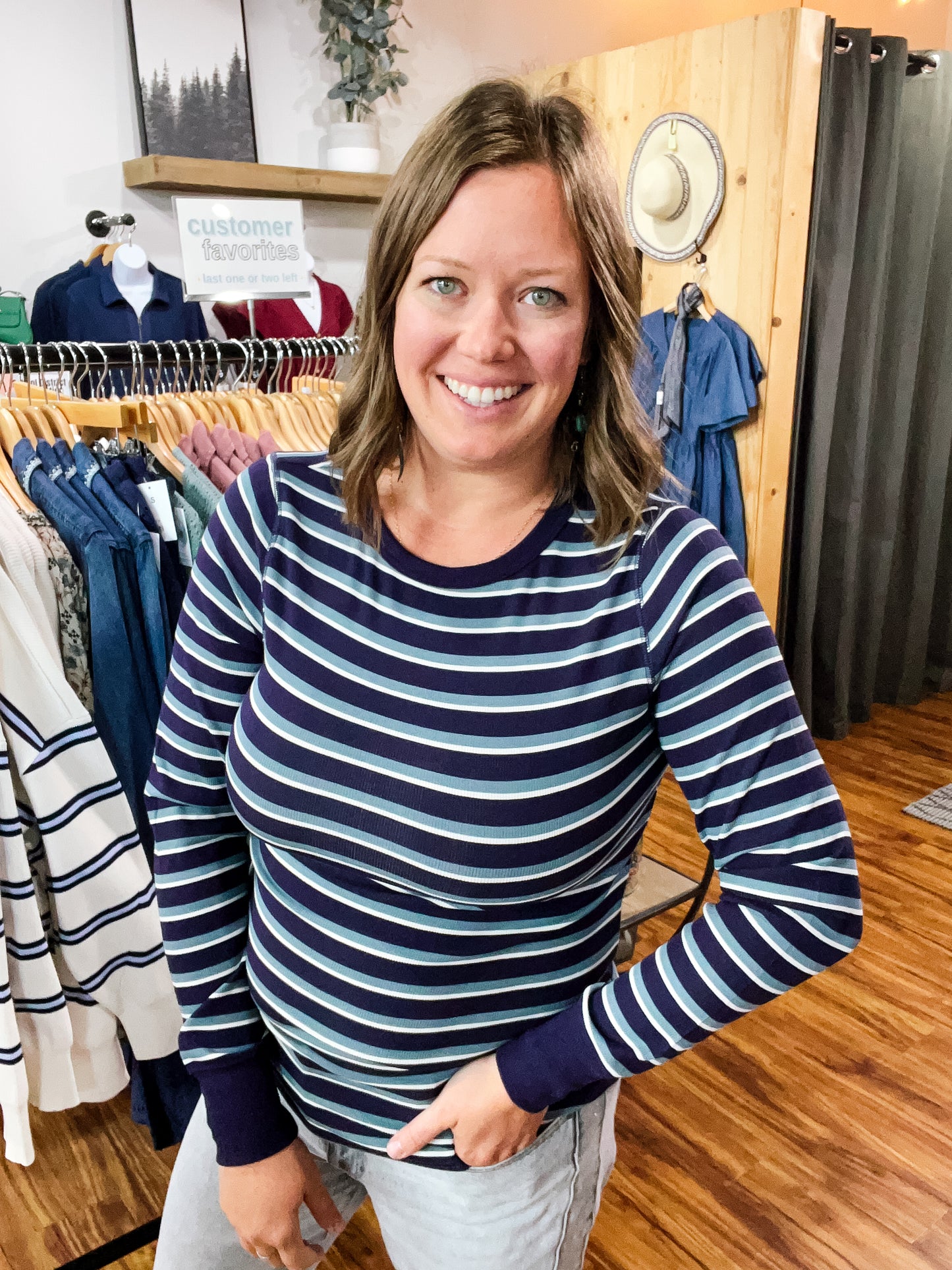 Navy, Slate Blue, & White Striped Top