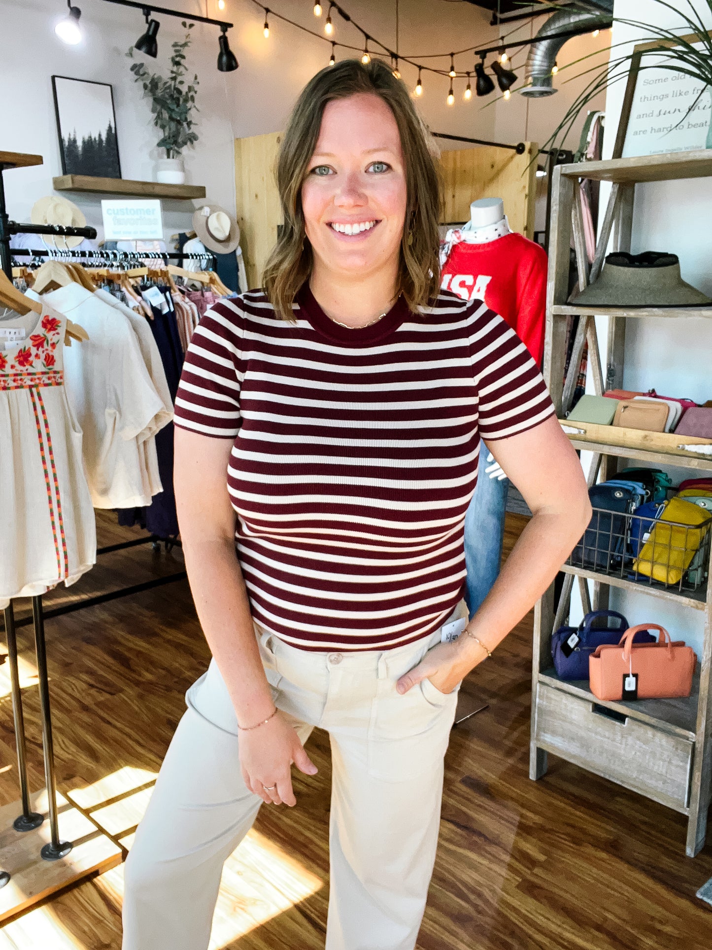 Wine & Beige Stripe Short Sleeve Sweater