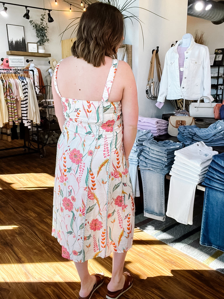 Coral & Green Floral Midi Dress
