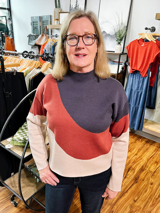 Blue, Rust & Beige Mock Turtle Neck Sweater