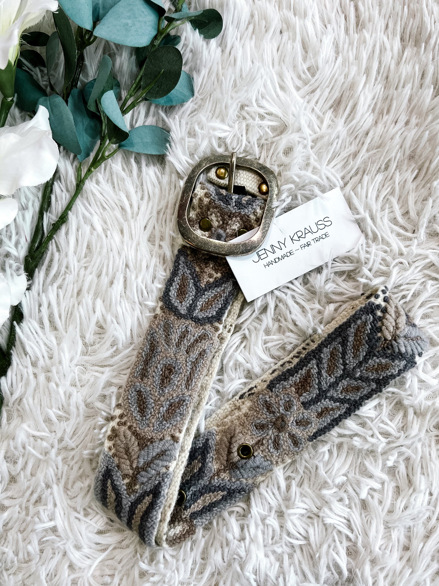 Taupe & Blue Embroidered Wool Belt