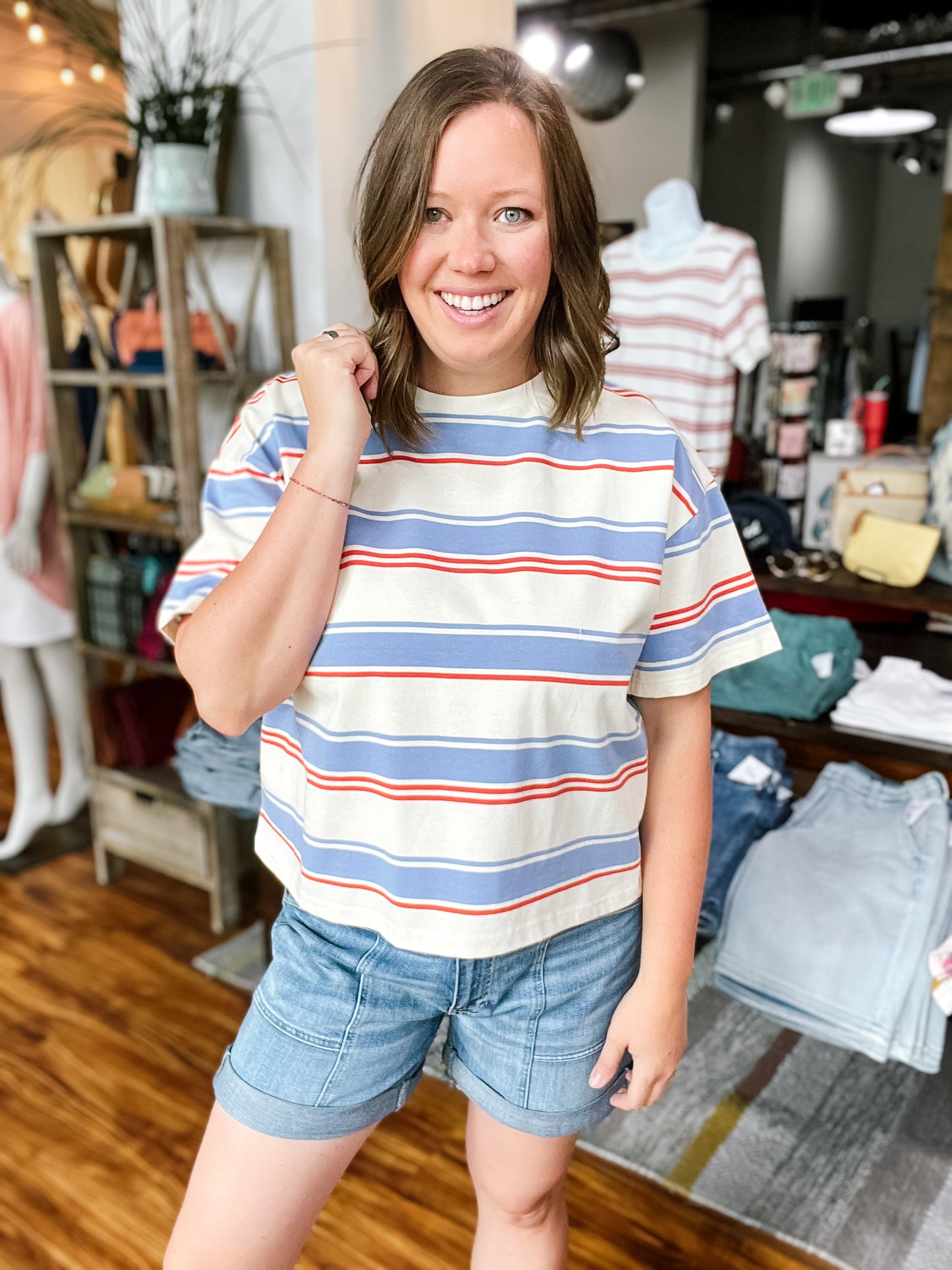 Cream W/Blue & Red Stripe Top