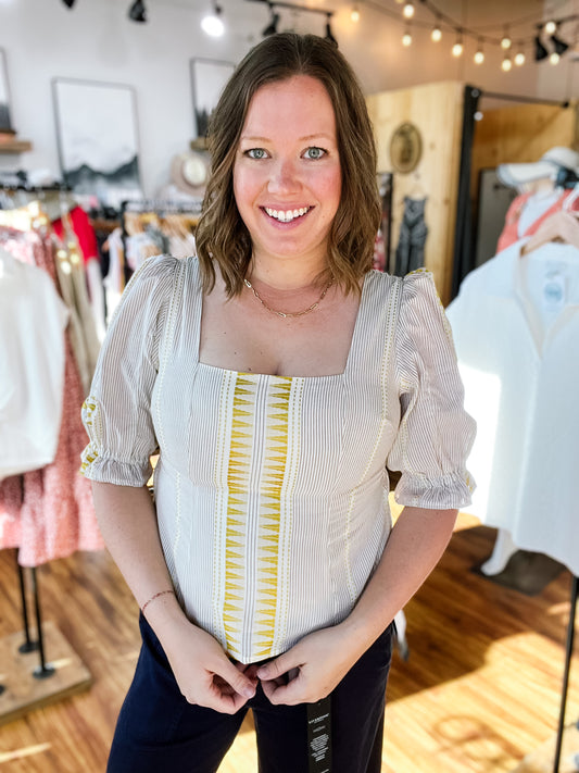 Cream & Brown Stripe Square Neck Top