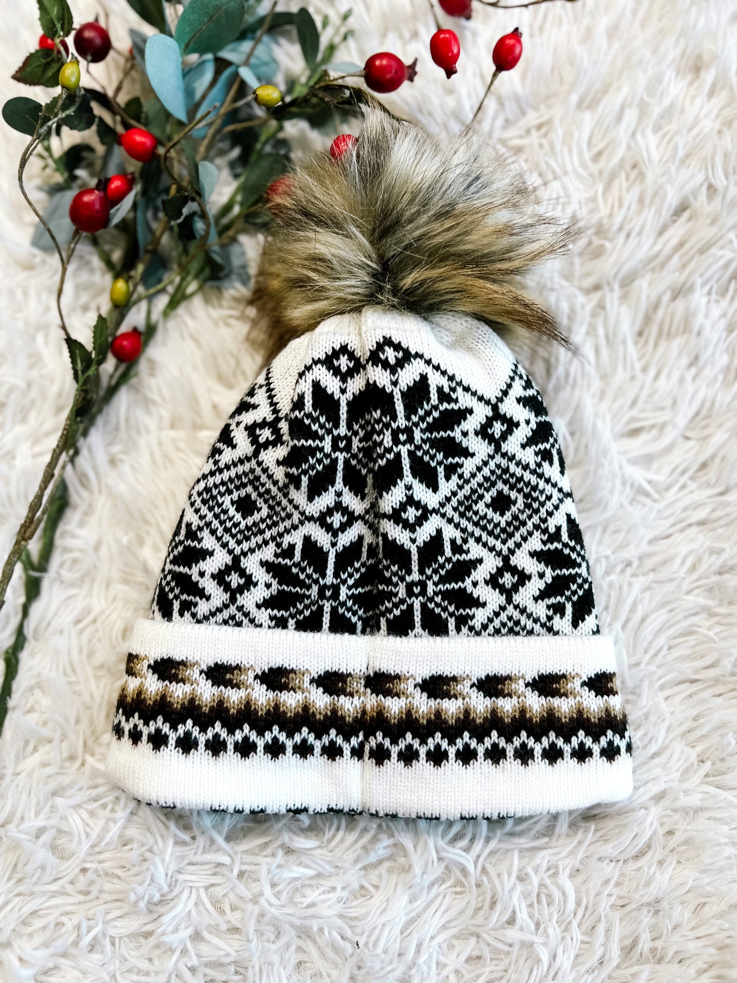 White, Black & Tan Patterned Pom Beanie