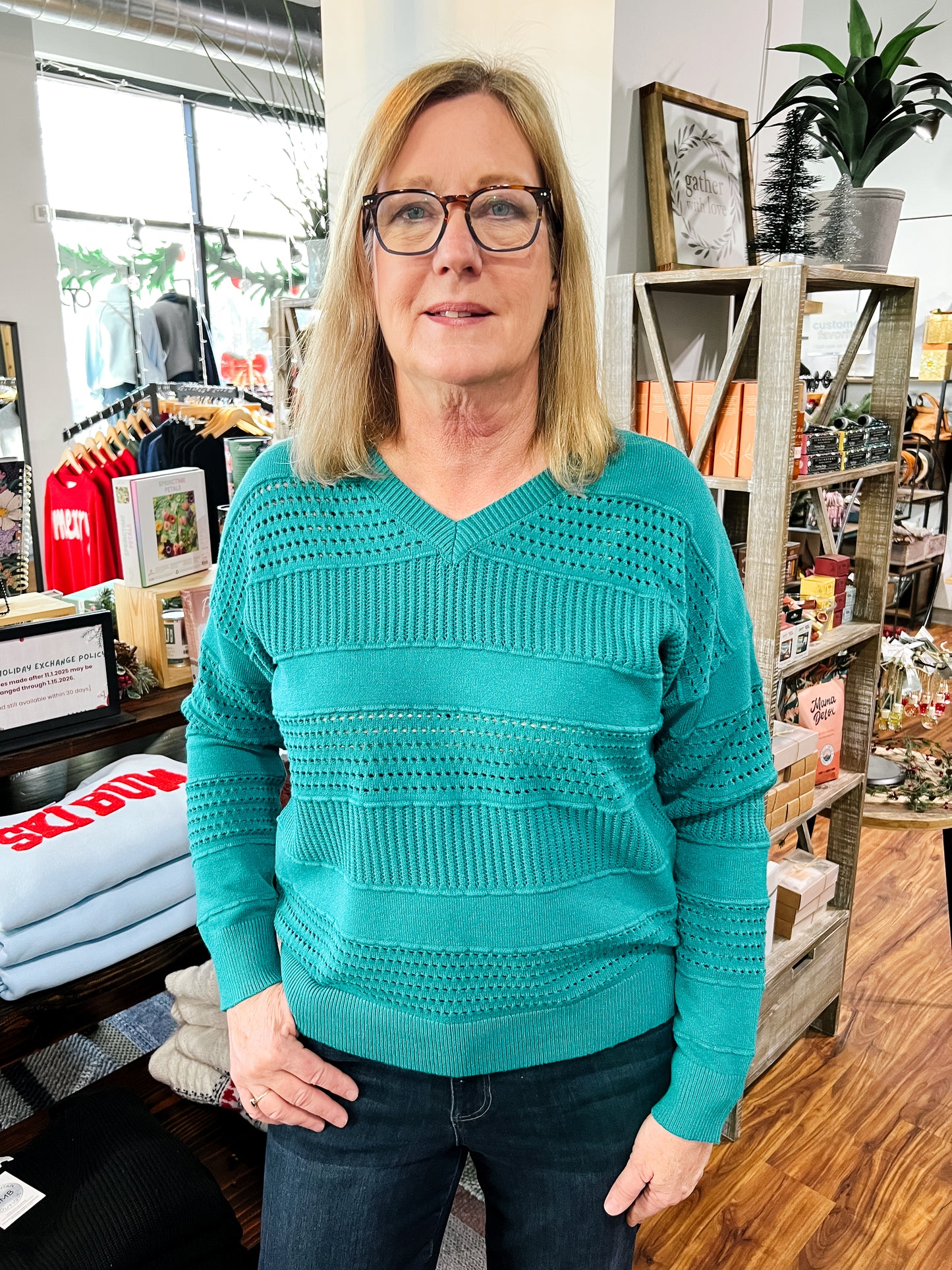 Teal Pointelle V Neck Sweater