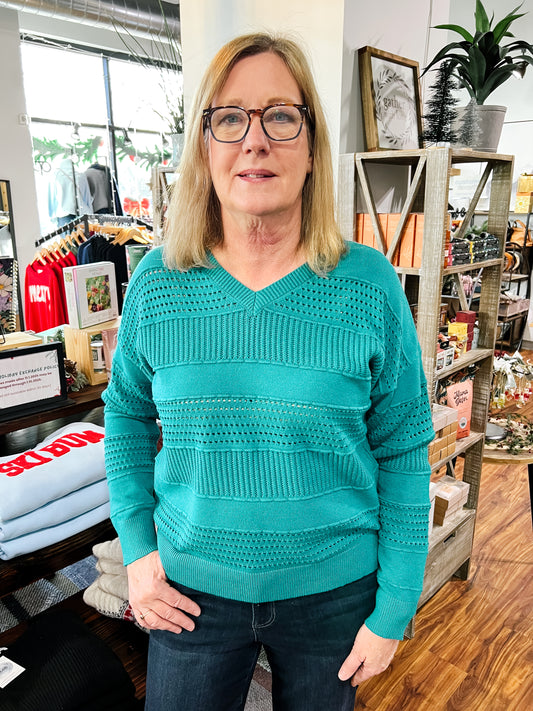 Teal Pointelle V Neck Sweater