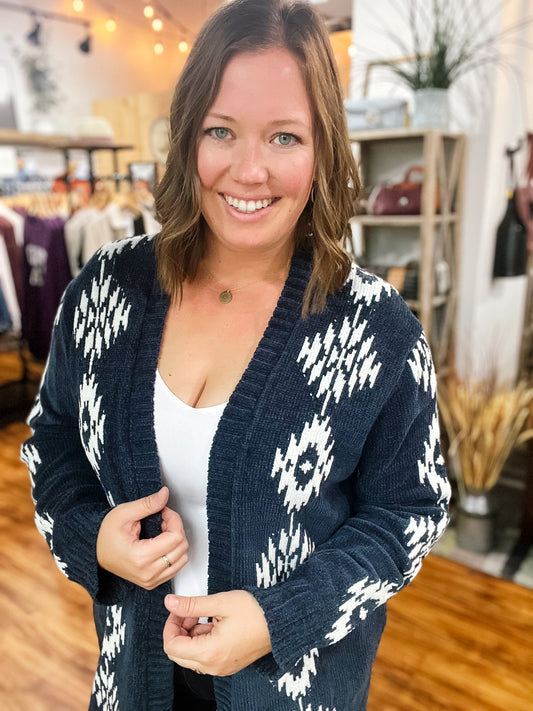 Navy & White Print Chenille Cardigan
