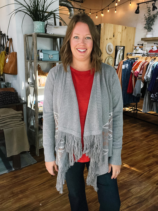 Gray Aztec Fringe Cardigan
