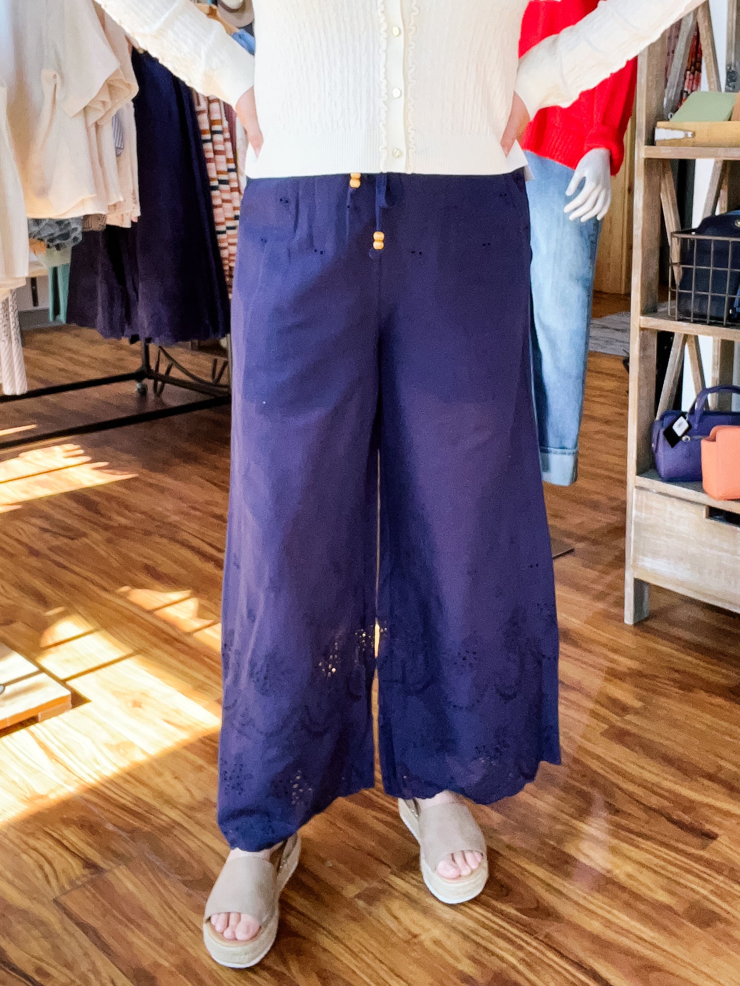 Navy Eyelet Pants