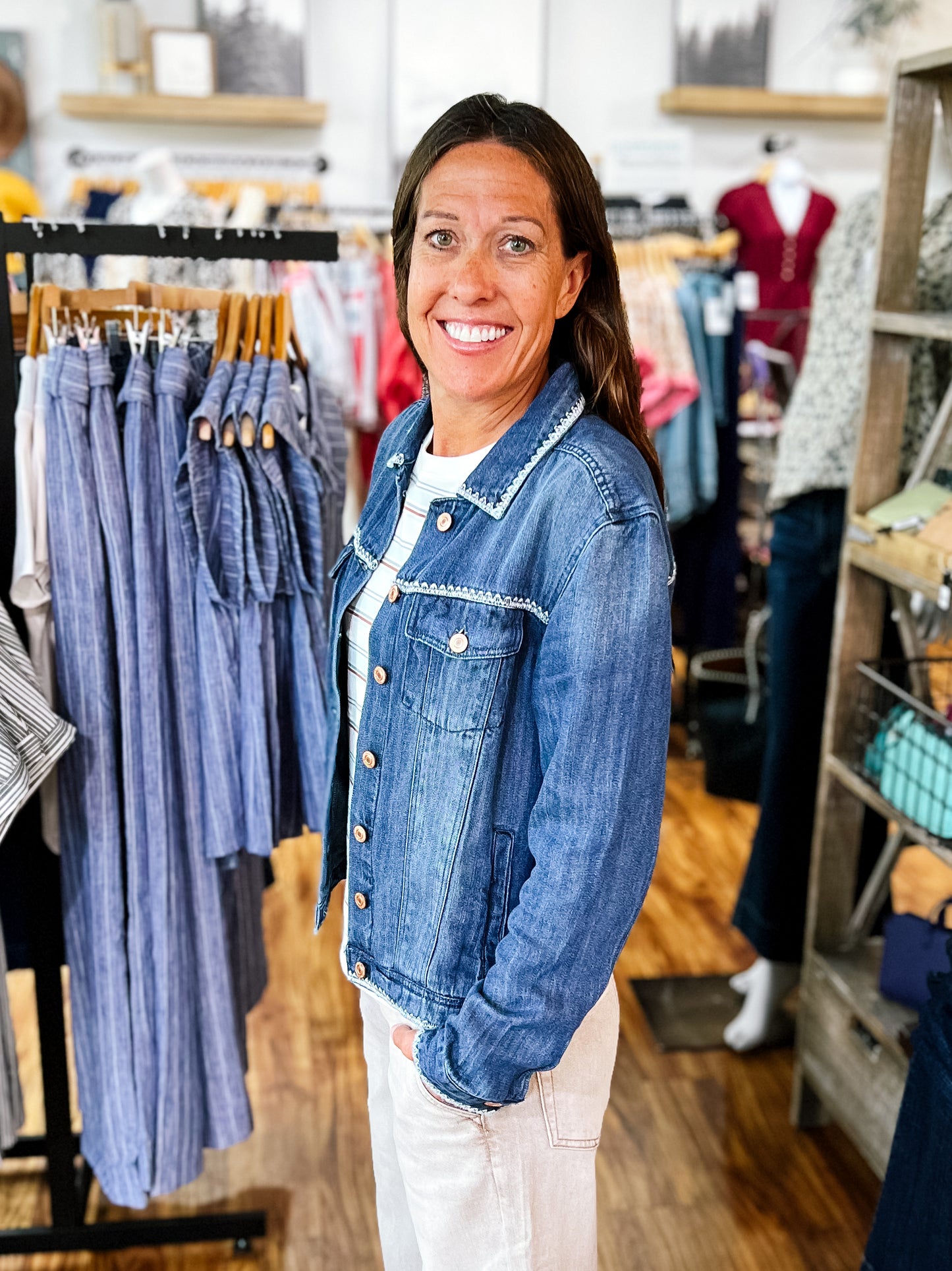 Medium Wash Denim Jacket With Embroidered Detailing