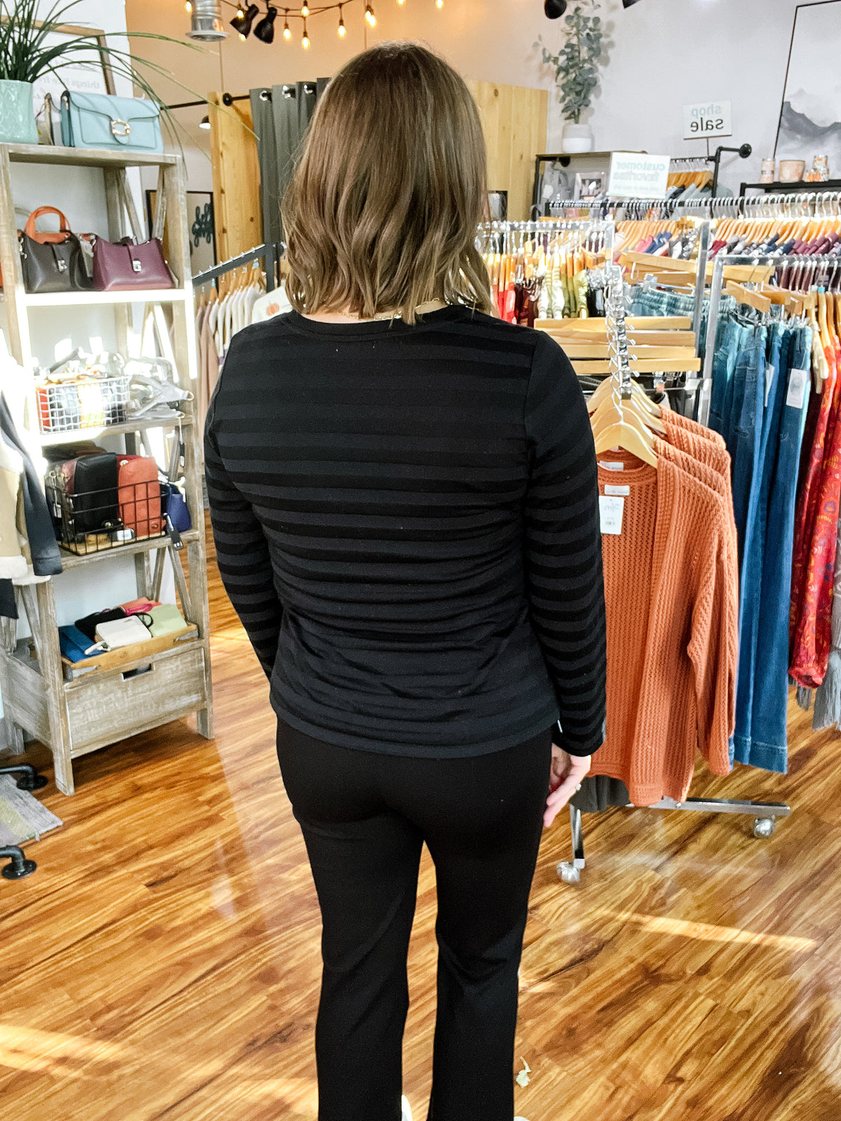 Black Shadow Stripe Long Sleeve Top