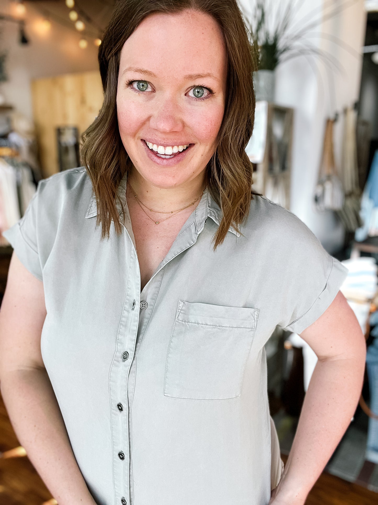 Sage Short Sleeve Button Up Top
