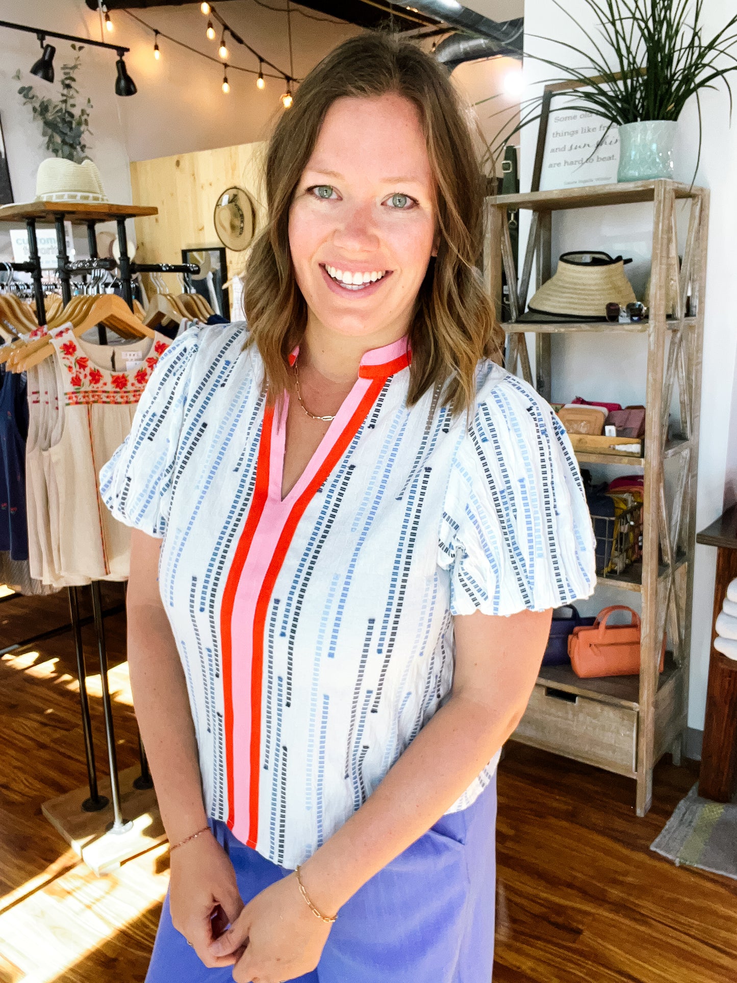 White With Blue Detail Embroidery Top