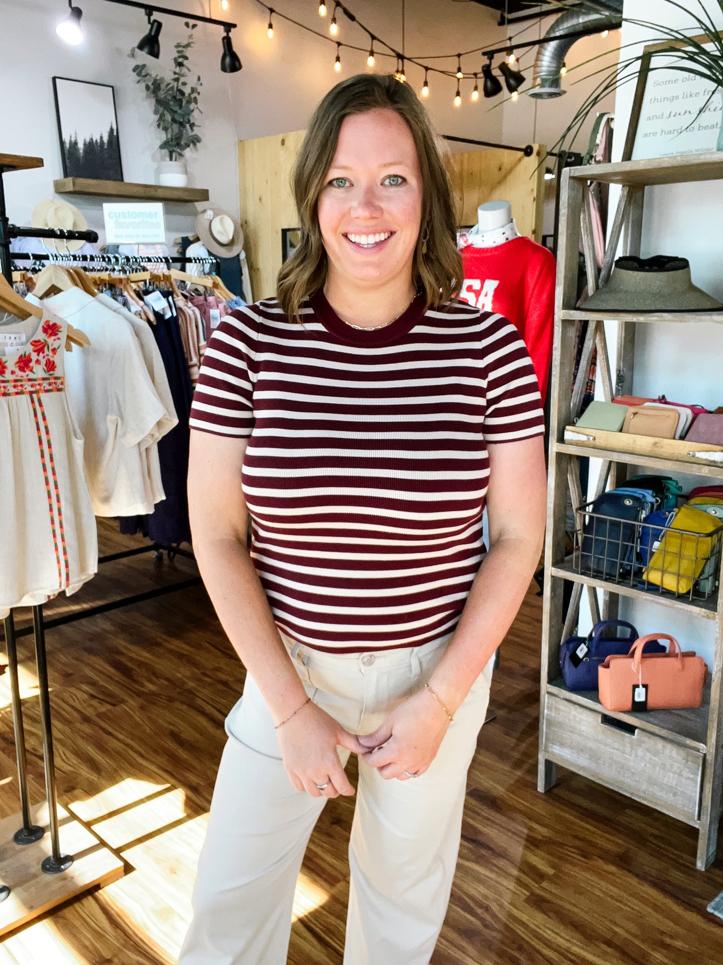 Wine & Beige Stripe Short Sleeve Sweater