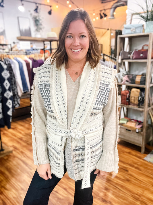 Cream Patterned Sleeveless Sweater Vest