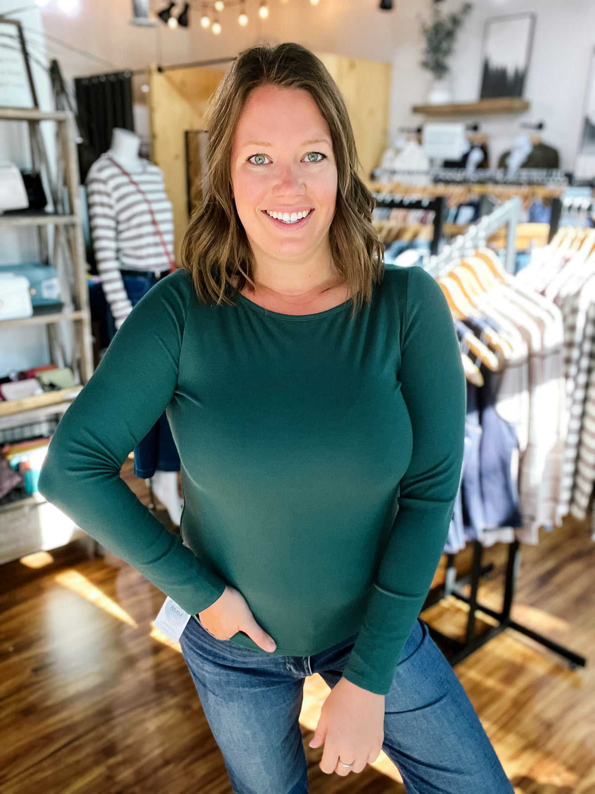 Forest Green Long Sleeve Boat Neck Top