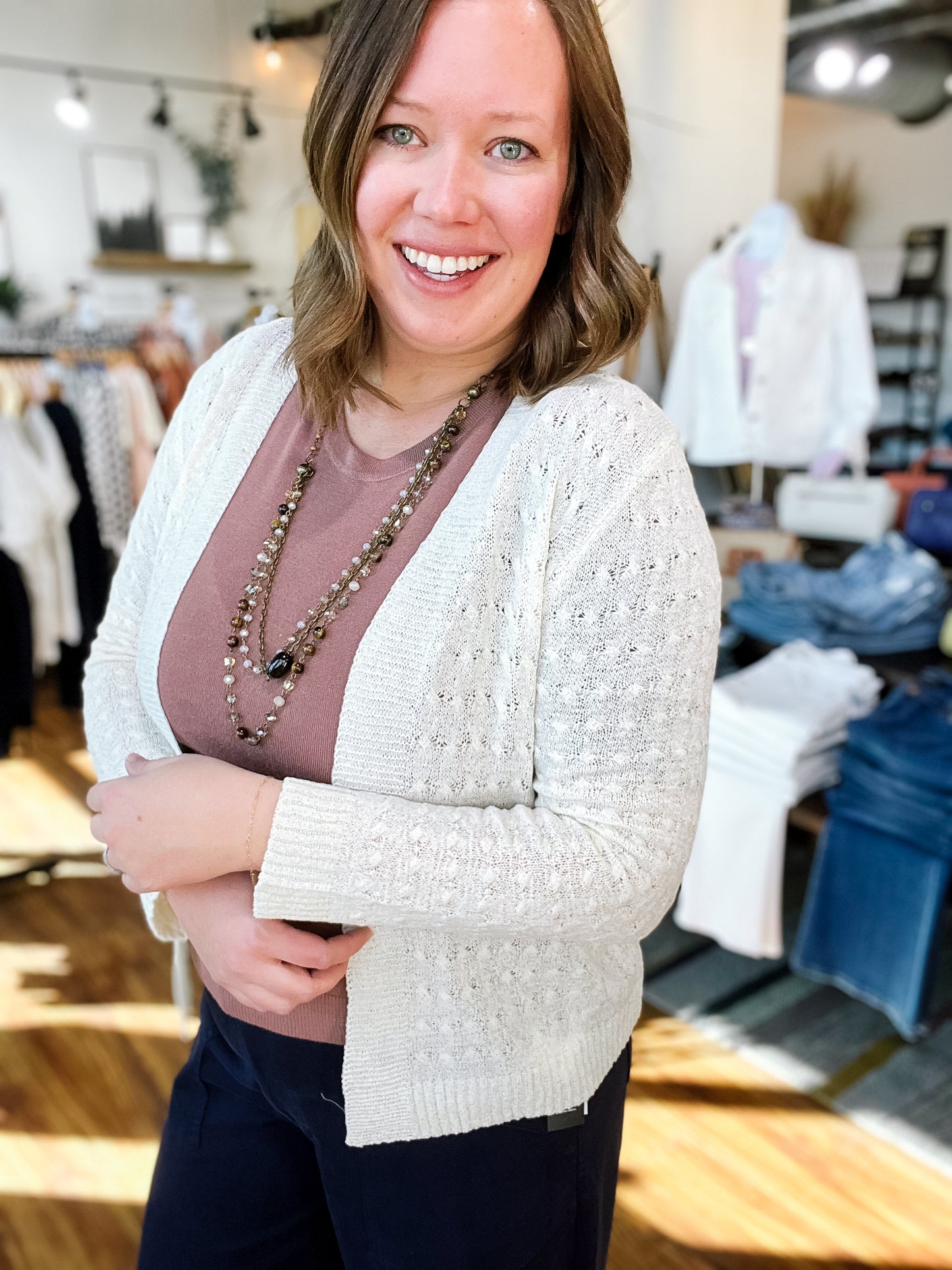 Cream Textured Open Knit Cardigan