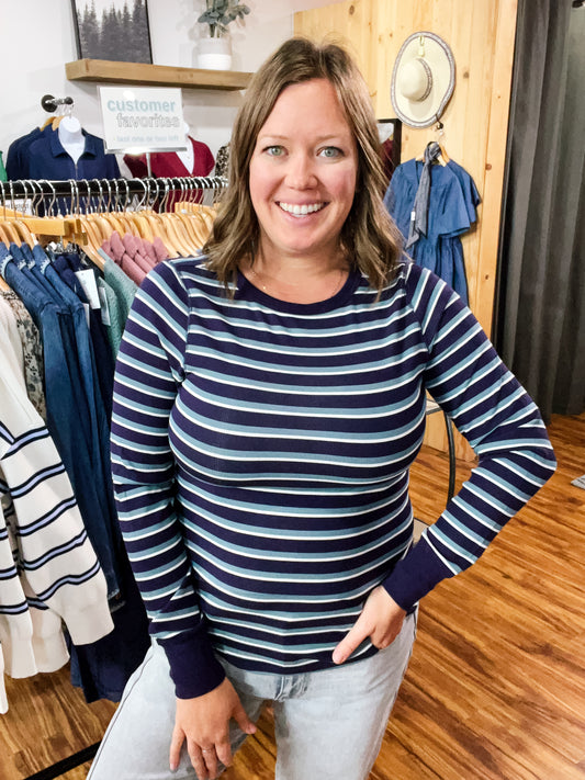 Navy, Slate Blue, & White Striped Top