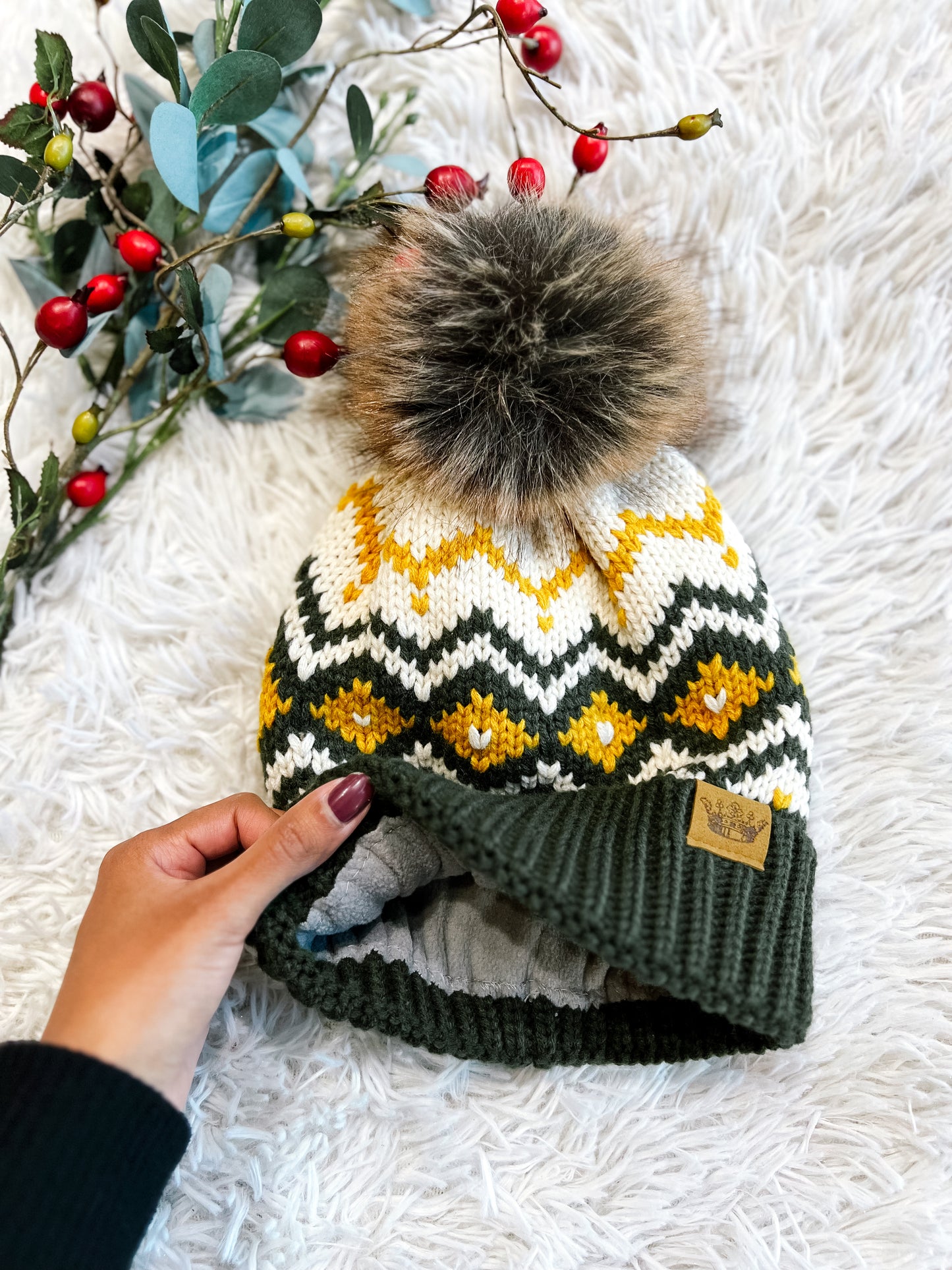 Olive, Cream & Mustard Patterned Pom Beanie