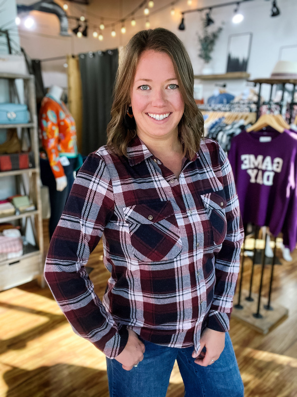 Heathered Burgundy Plaid Flannel Shirt