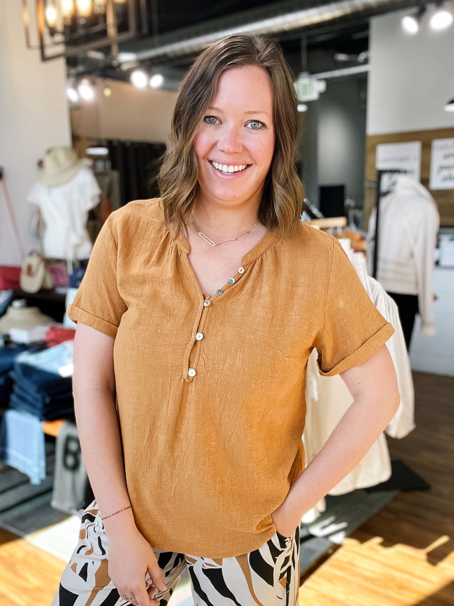 Chestnut Button Front Top