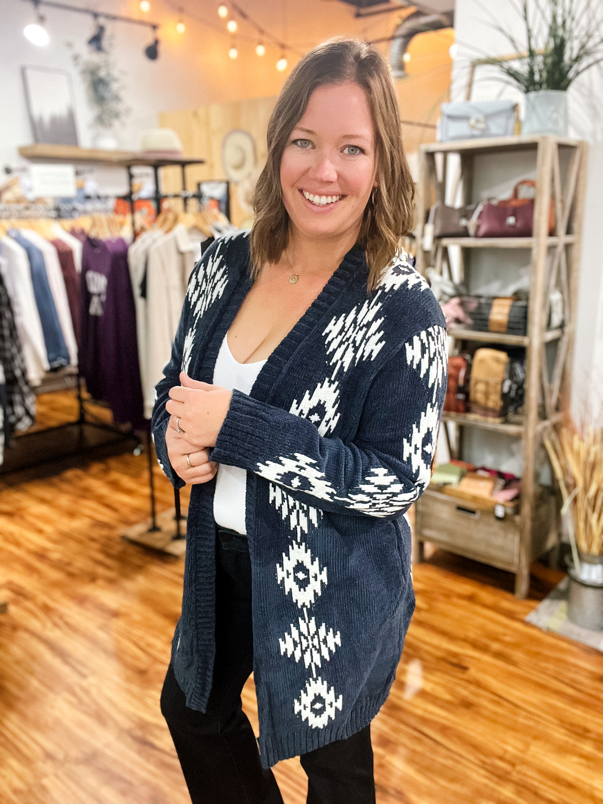 Navy & White Print Chenille Cardigan