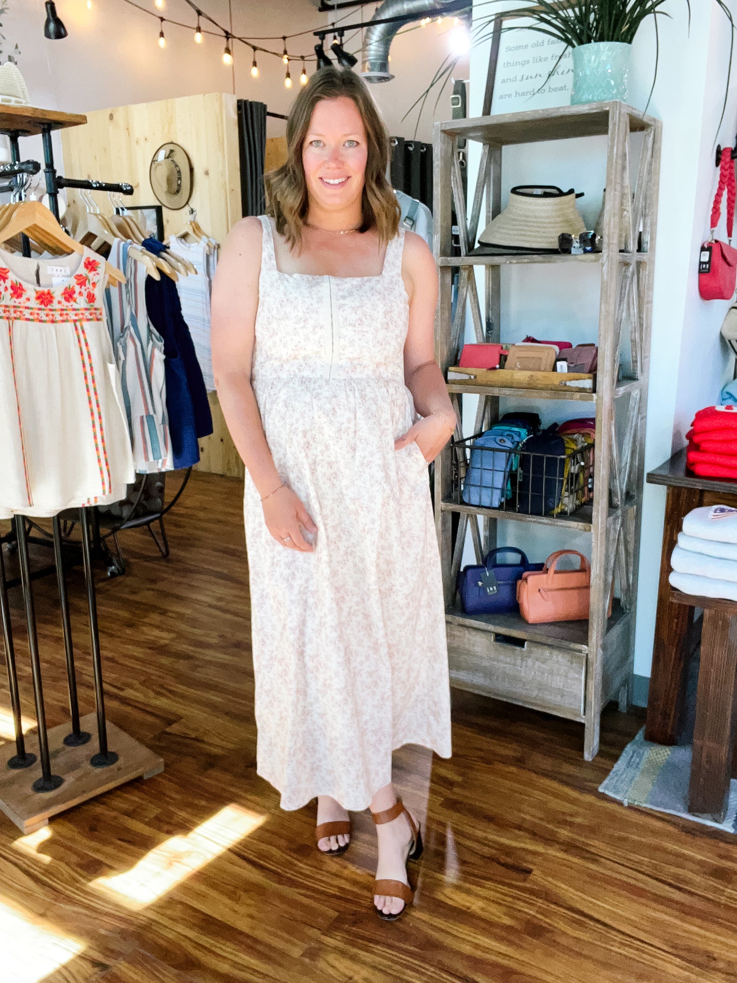 Cream W/Brown Floral Dress