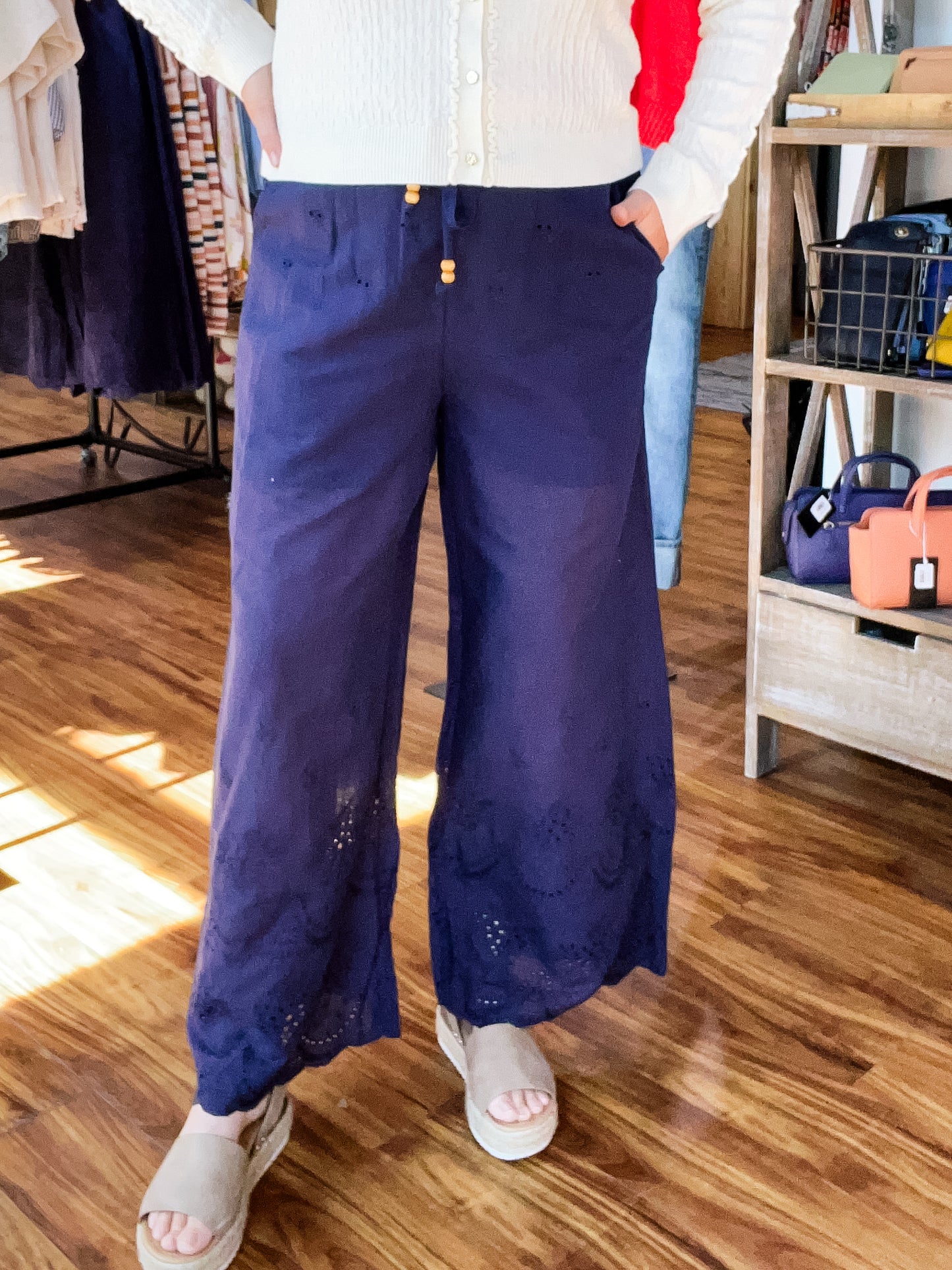 Navy Eyelet Pants