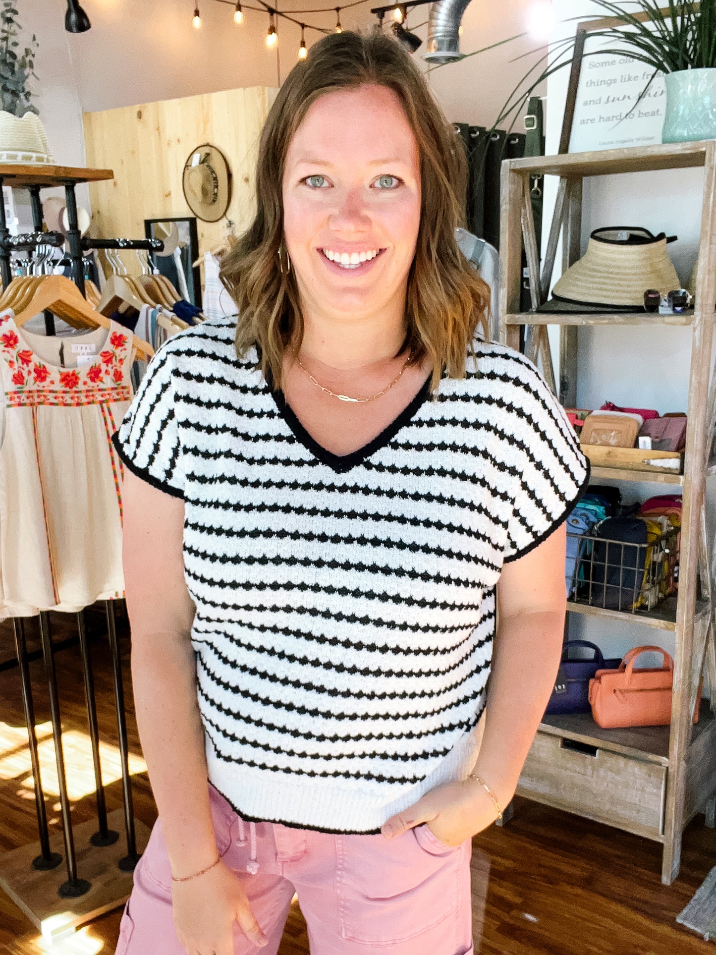 White W/Black Stripe Short Sleeve Sweater