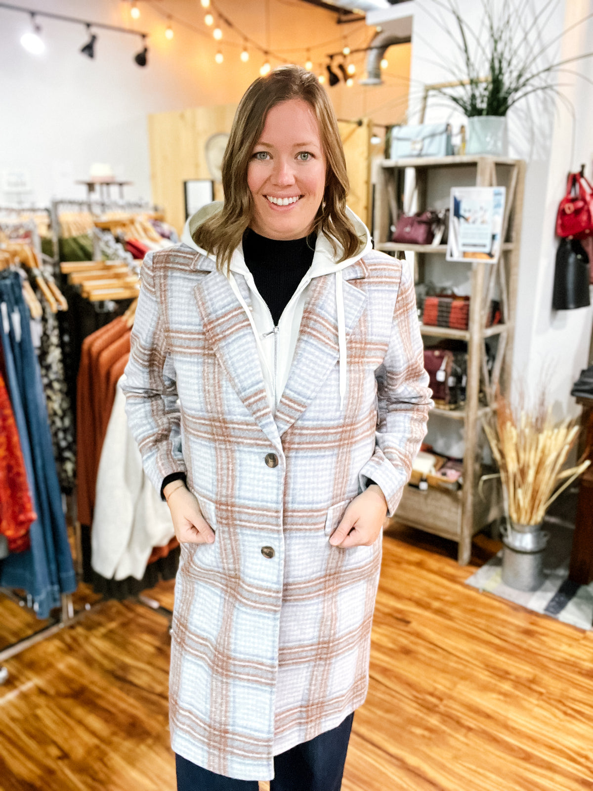 Plaid Car Coat w/ Removable Hood