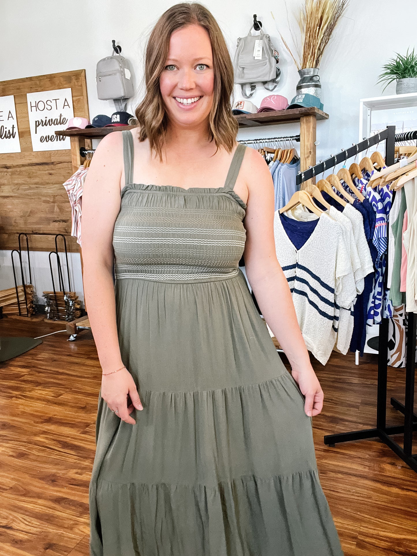 Olive Embroidered Midi Tank Dress