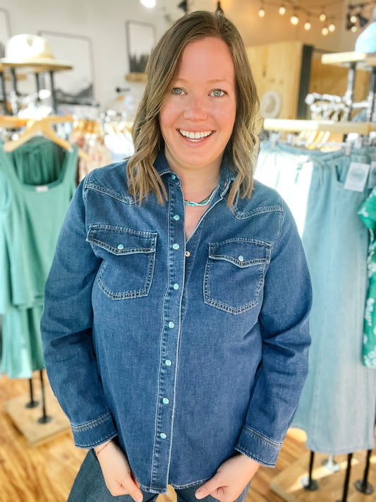 Dark Wash Western Top w/ Turquoise Buttons