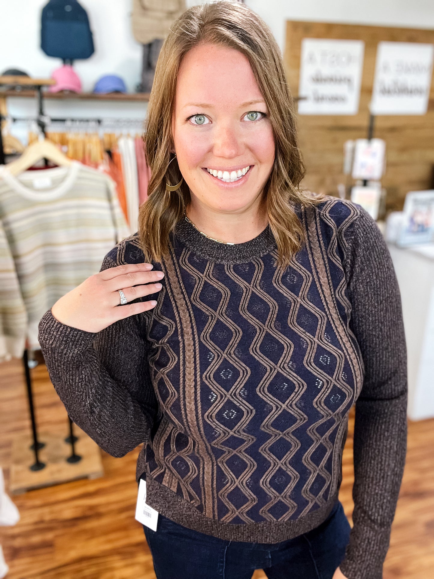 Navy W/Brown Chevron Stripe Sweater