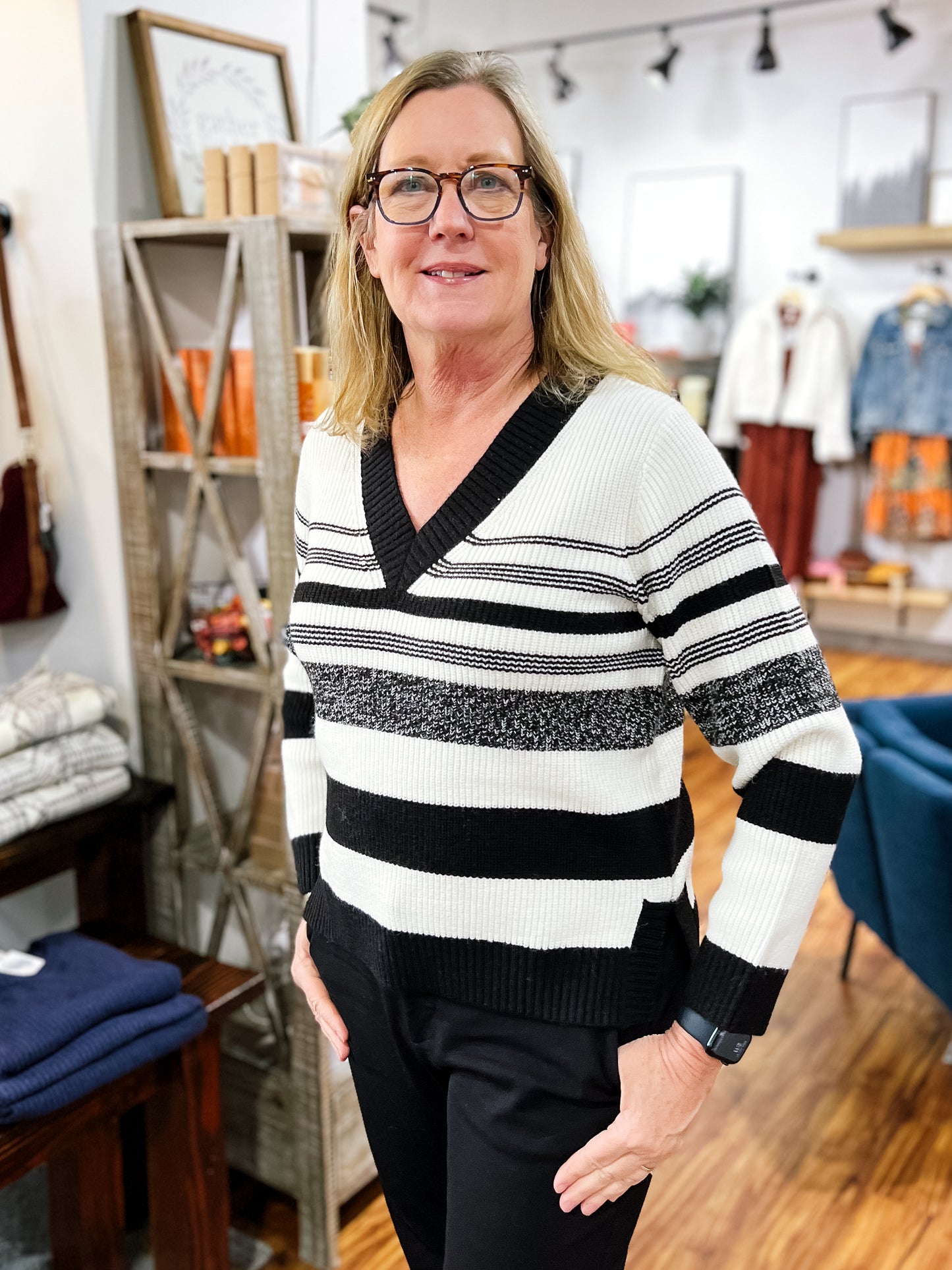 Ivory W/Black Stripe V-Neck Sweater