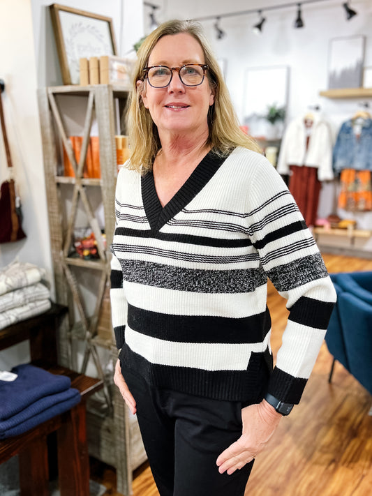 Ivory W/Black Stripe V-Neck Sweater