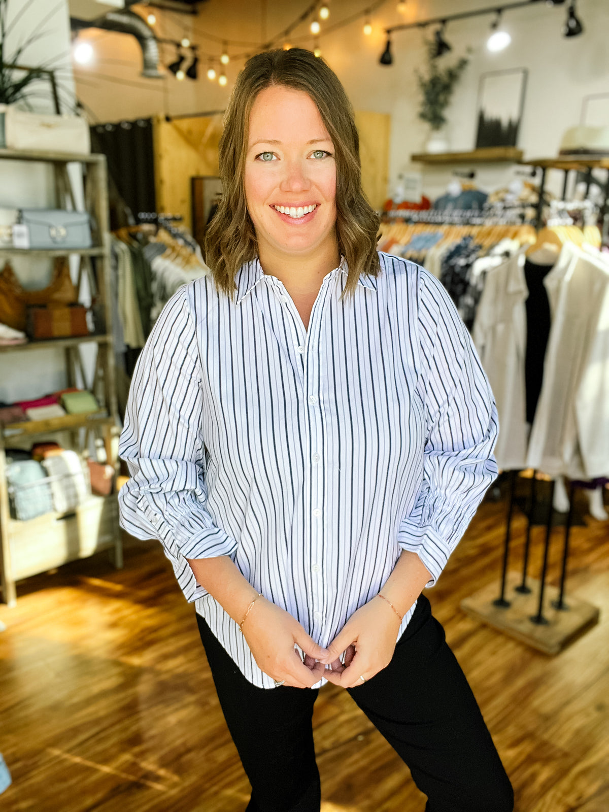 White & Blue Stripe Gather Sleeve Top