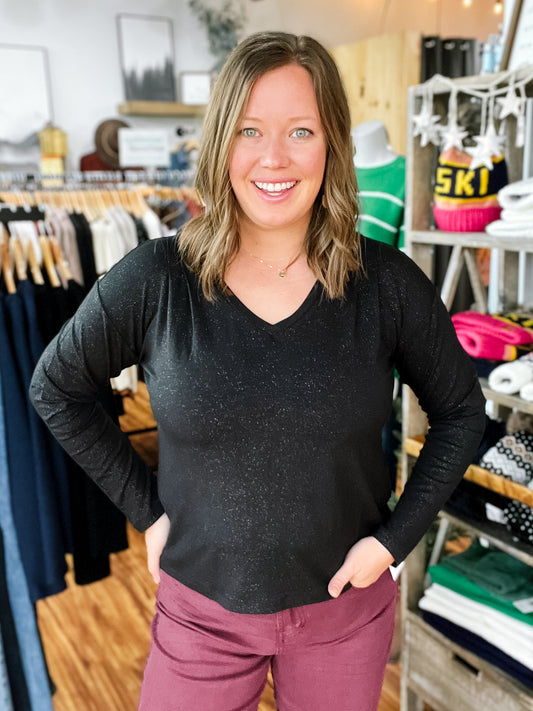Black Sparkle V-neck Top