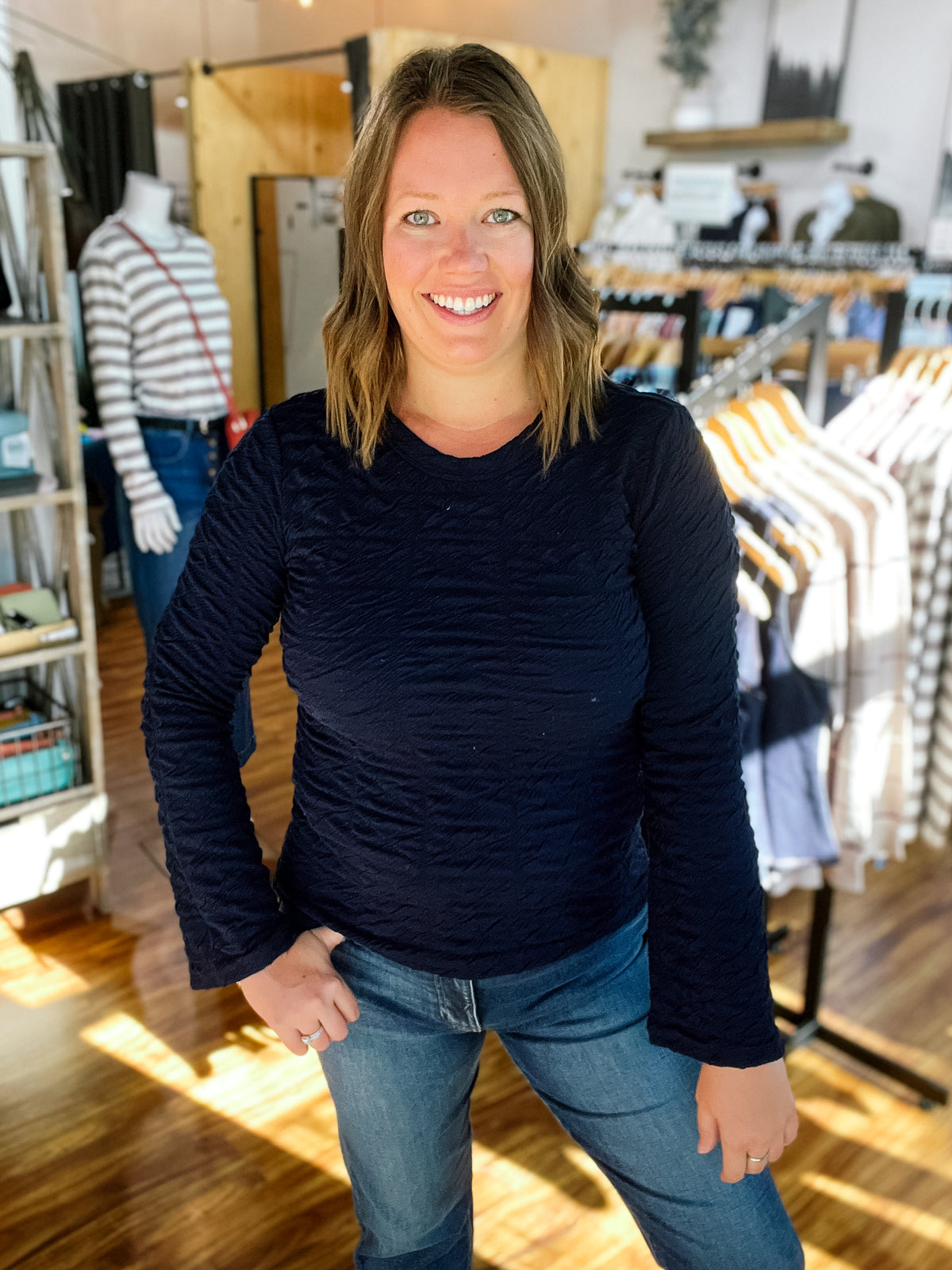 Navy Textured Long Sleeve Top