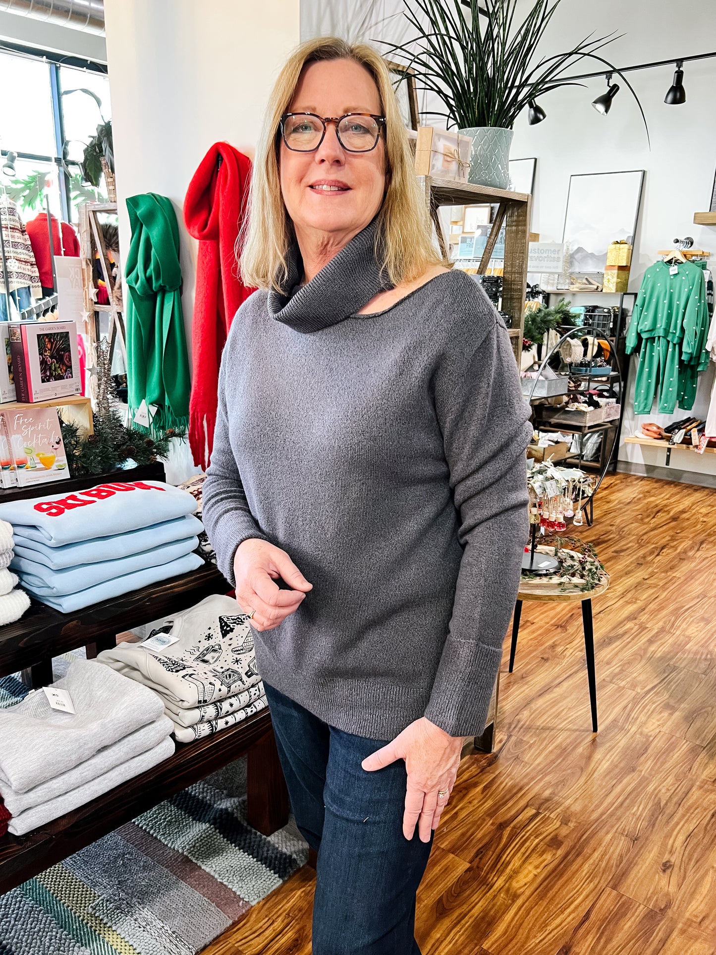 Charcoal Turtleneck Open Shoulder Sweater