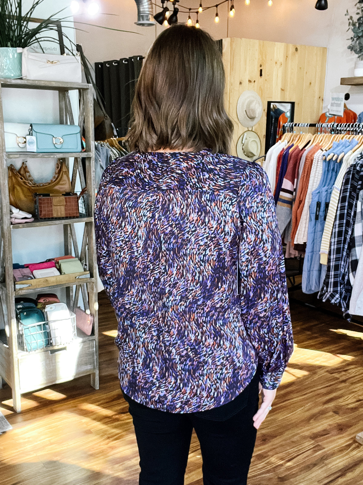 Navy Colorful Print Long Sleeve Top