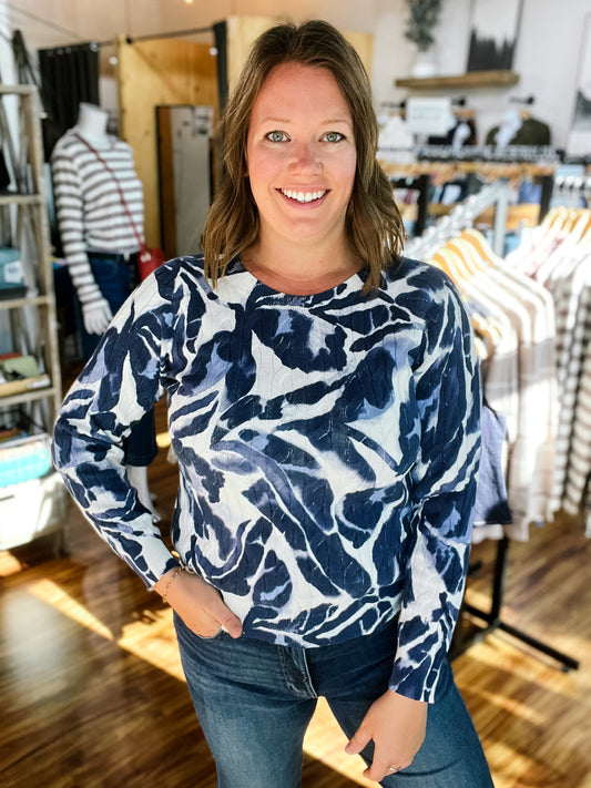 Blue & Cream Print Long Sleeve Sweater