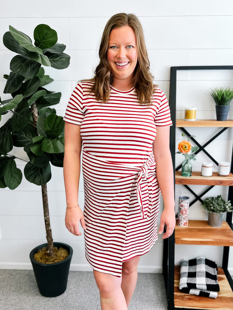 Cherry Red Stripe Wrap Midi Dress