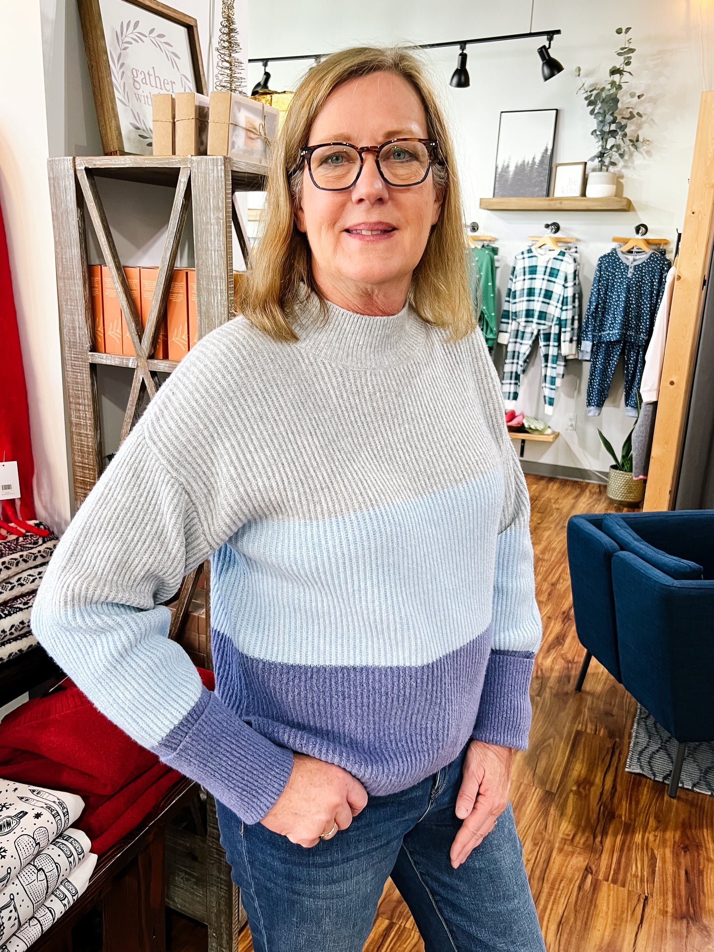 Gray & Blue Colorblock Mock Neck Sweater